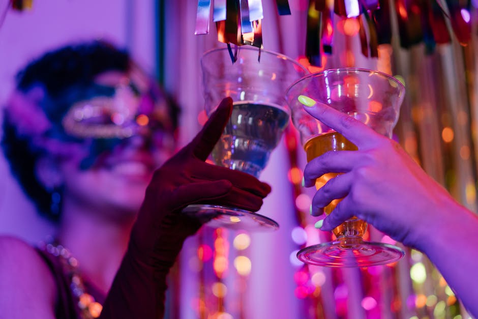 Vibrant celebration scene with glasses clinking and party masks in a brightly lit atmosphere.