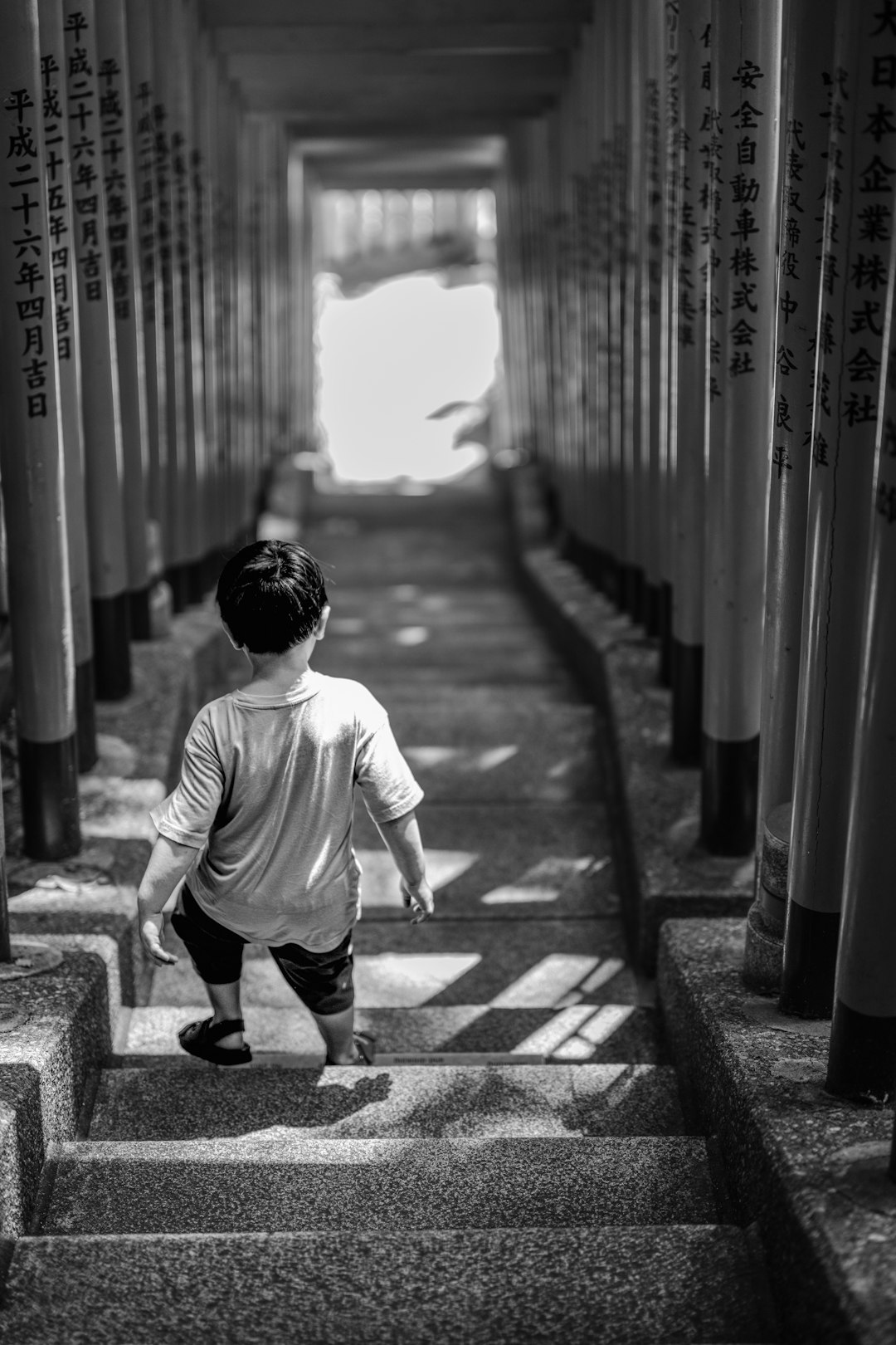 A young boy walks up stone stairs between torii gates.