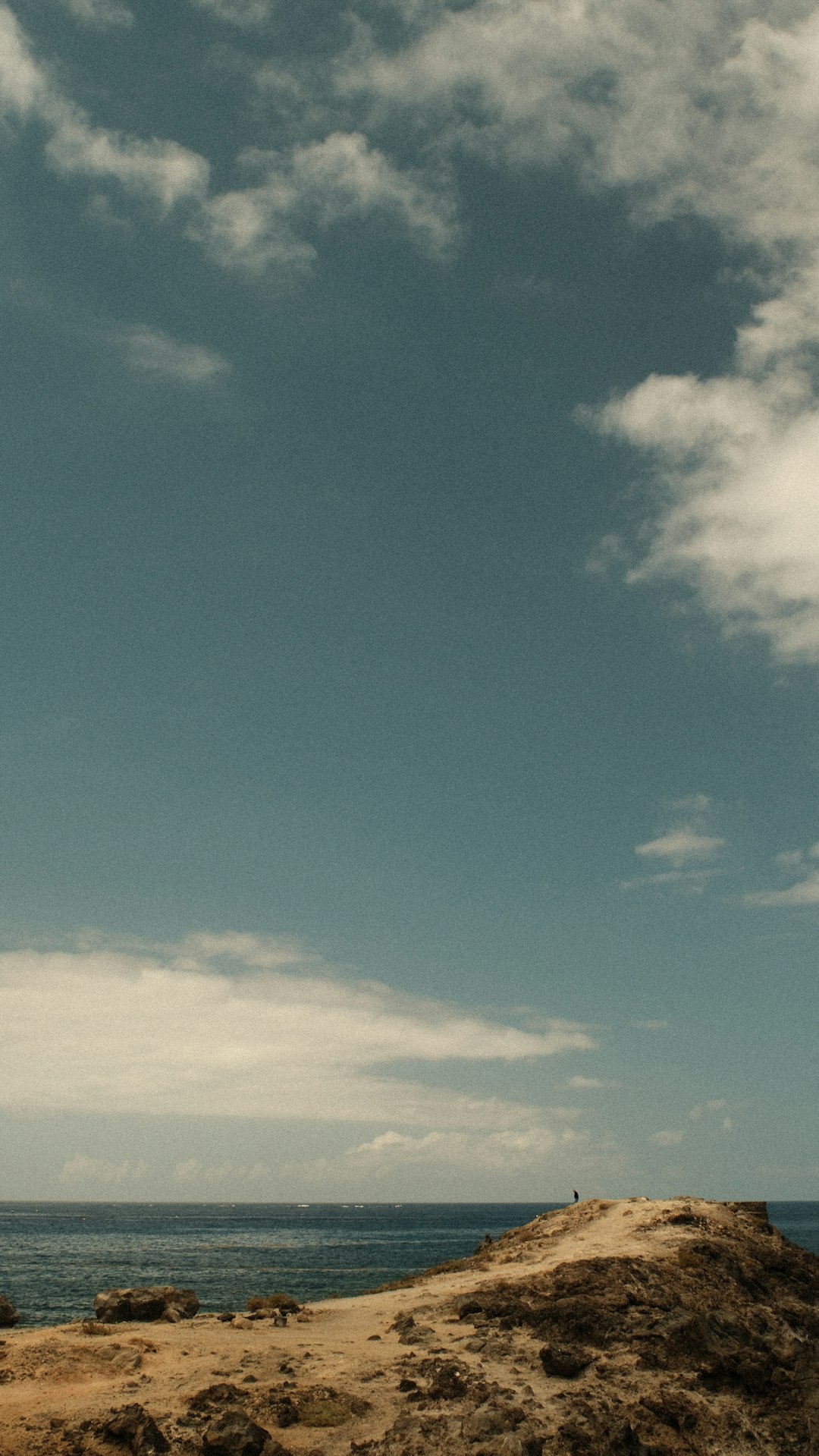 a person standing on top of a sandy hill next to the ocean