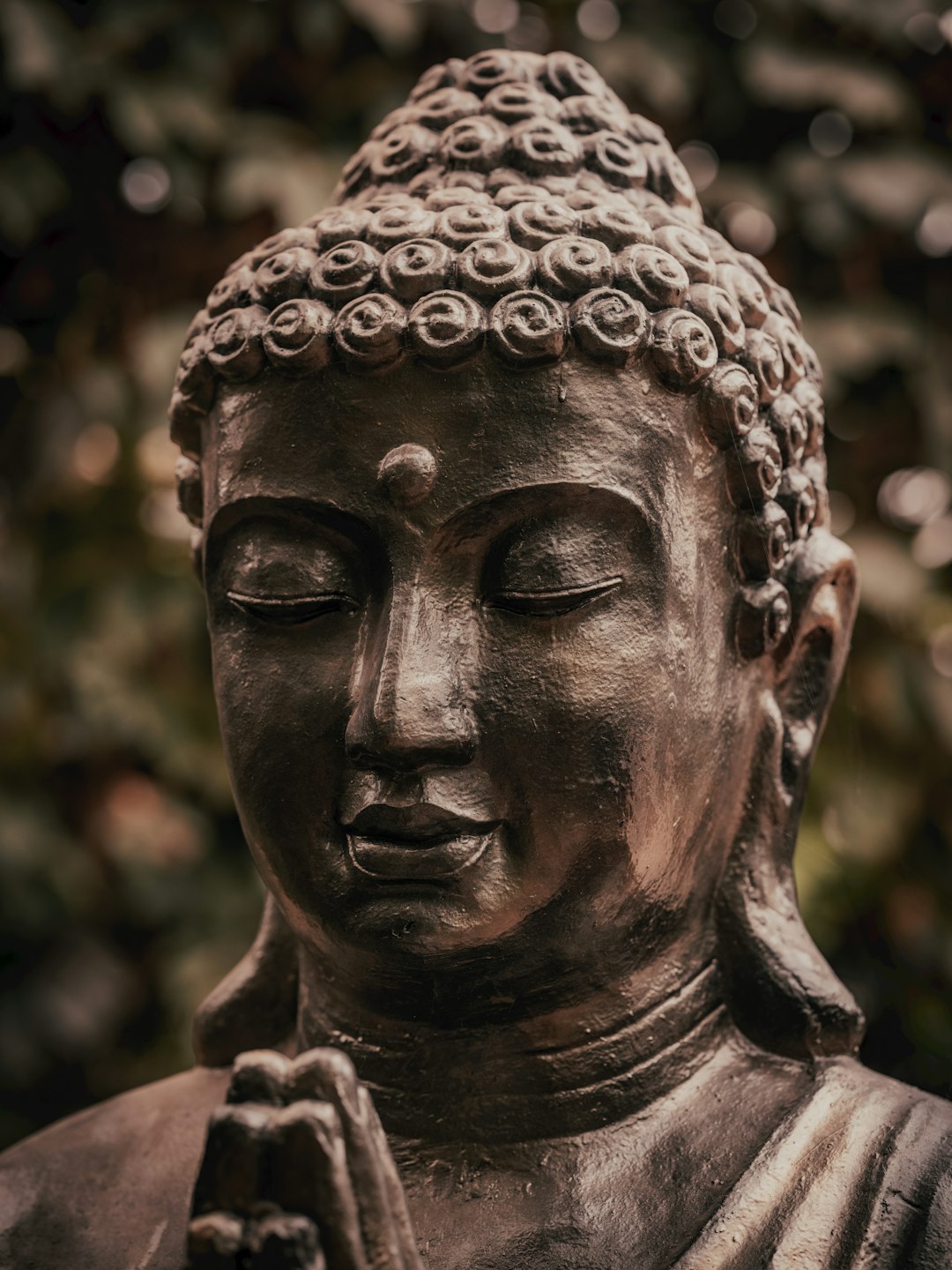 Close-up of a serene buddha statue with eyes closed.