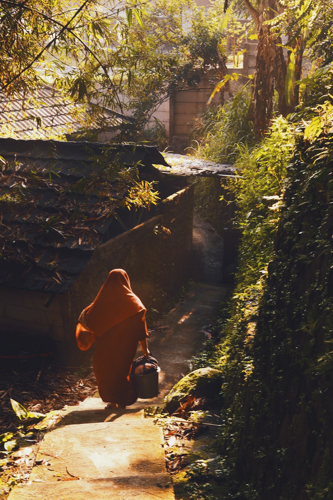 A monk walks down a path with luggage.